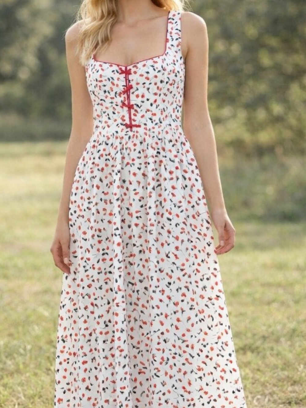 Carolina Constas Linen Blend Cherry Print Maxi Dress Size Medium